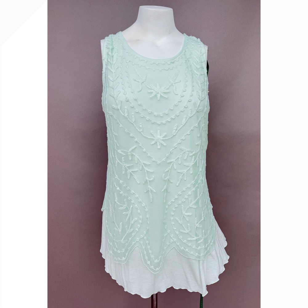 Oso Casuals Small Mint Green Embroidered Lace Layered Tunic Tank Top Boho Fairy